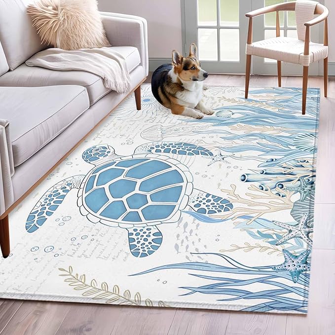 Area Rug 3x5ft, Blue Sea Turtles Stars Corals Washable Rugs for Living Room Bedroom, Vintage Marine Life Soft Non-Slip Area Rugs Rectangle Floor Carpet for Dining Room