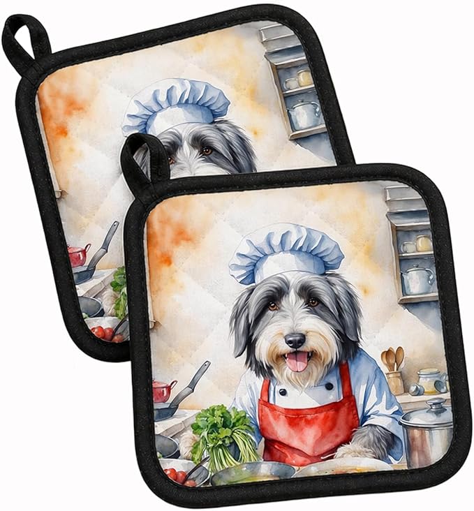 Caroline's Treasures Bearded Collie The Chef Pair of Pot Holders Kitchen Heat Resistant Pot Holders Sets Oven Hot Pads for Cooking Baking BBQ, 7 1/2 x 7 1/2