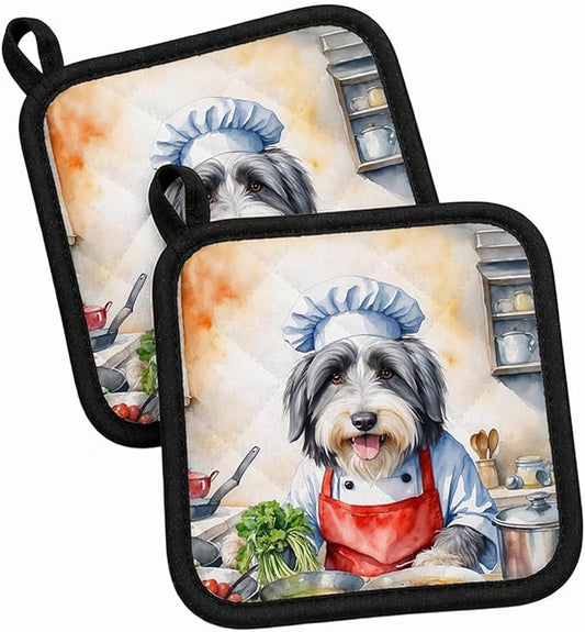 Caroline's Treasures Bearded Collie The Chef Pair of Pot Holders Kitchen Heat Resistant Pot Holders Sets Oven Hot Pads for Cooking Baking BBQ, 7 1/2 x 7 1/2