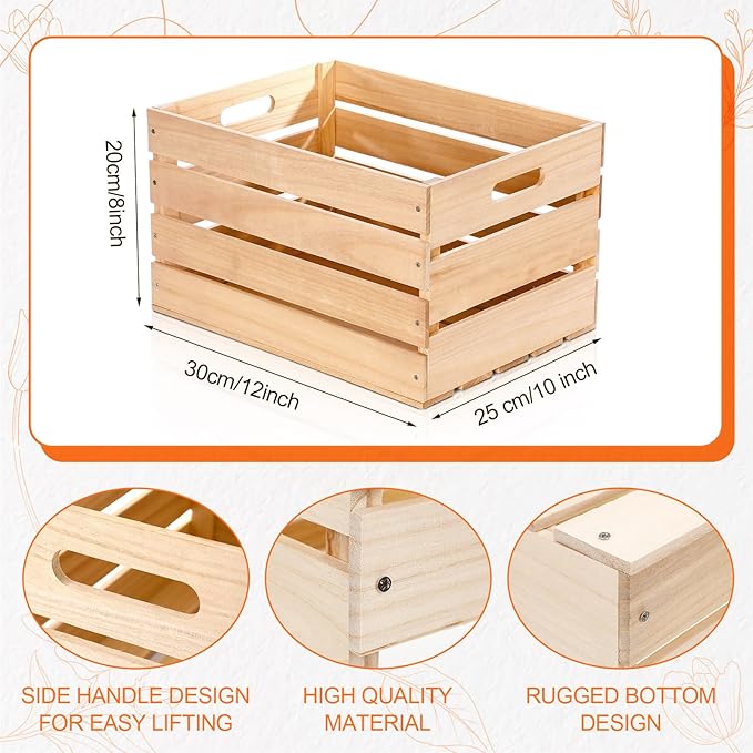 Weysat 3 Pack Large Wood Crates Box for Storage 12 x 10 x 8 Inches Unassembled Wooden Milk Crates with Handle Decorative Nesting Box for Display Rustic Decor DIY Office Home Retail Art Craft (Wood)