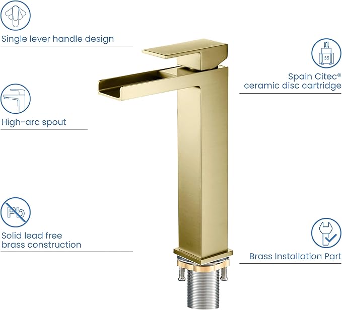 KIBI Waterfall Bathroom Sink Faucet | Single Handle Brass Vanity Faucet with Water Supply Hose | Durable Brass Construction and Smooth Water Flow | Brushed Gold, KBF1005