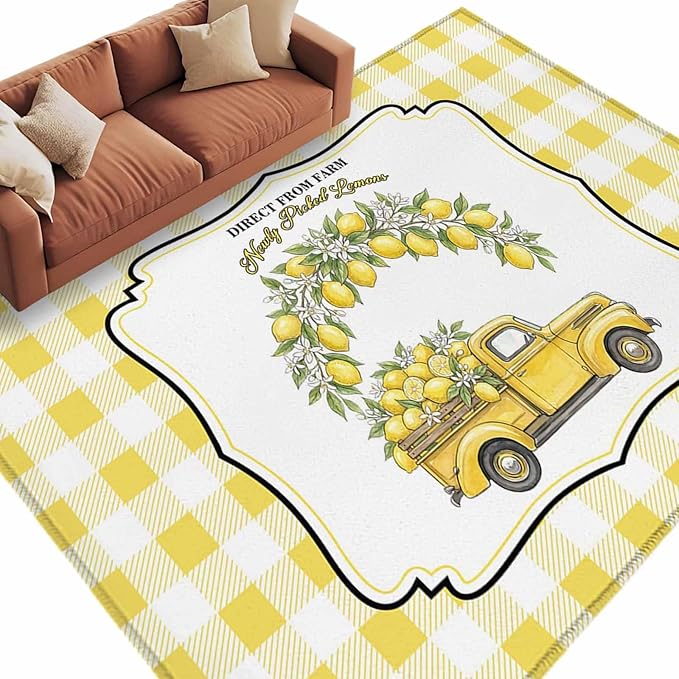 Area Rug 6x9ft, Farm Yellow Truck Lemon Fruit Washable Rugs for Living Room Bedroom, Flower Leaves Buffalo Plaid Soft Non-Slip Area Rugs Rectangle Floor Carpet for Dining Room