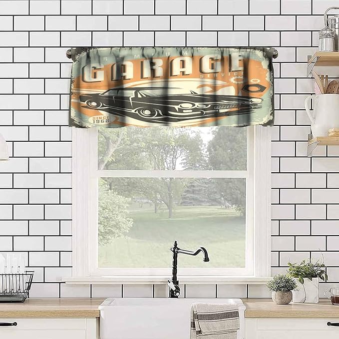 Man Cave Valances Curtains Promotional Retro Design Auto Mechanic Car Service Style Concept Nostalgic Vehicle Windows Short Curtain Valance for Kitchen Bedroom with Rod Pocket, 1 Panel 54X18 Inches