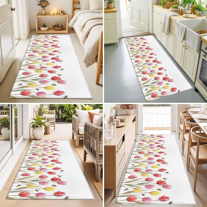 Runner Rug for Bedroom Hallway, Red Pink Yellow Tulips Bees Kitchen Runner Rugs Area Rug 2x6ft, Watercolor Flower Leaves Washable Soft Floor Carpet for Entryway Stair