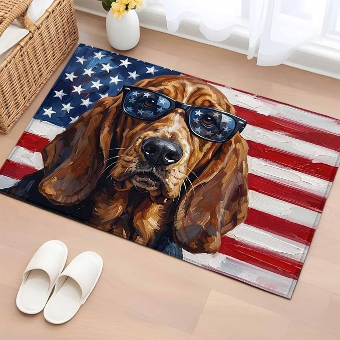Area Rug 2x3ft, Independence Day USA Flag Washable Rugs for Living Room Bedroom, Basset Hound Patriotic Sunglasses Soft Non-Slip Area Rugs Rectangle Floor Carpet for Dining Room