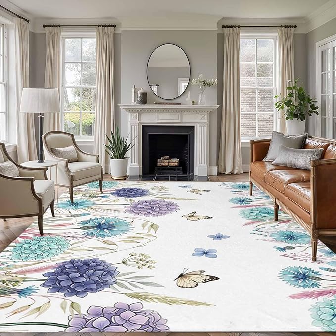 Area Rug 8x10ft, Spring Flower Thistle Hydrangea Washable Rugs for Living Room Bedroom, Wild Garden Floral Butterfly Soft Non-Slip Area Rugs Rectangle Floor Carpet for Dining Room