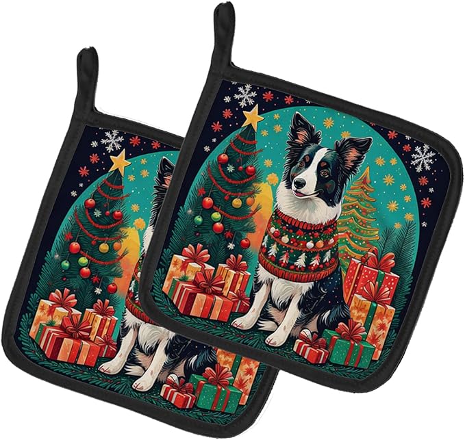 Caroline's Treasures Border Collie Christmas Pair of Pot Holders Kitchen Heat Resistant Pot Holders Sets Oven Hot Pads for Cooking Baking BBQ, 7 1/2 x 7 1/2
