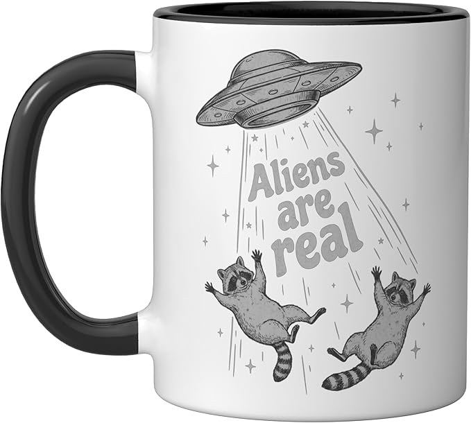Aliens Are Real UFO Raccoon Abduction Ironic Meme Ceramic Mug, Black/White