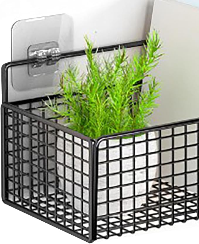 Hanging Wall Basket, Wall Storage Basket for Organizing No Drilling Carbon Steel for Bathroom Living Room Bedroom Kitchen 10.6x5.9x3.5in Black