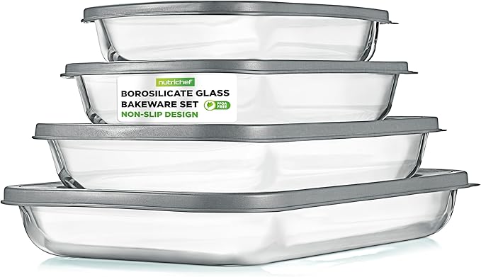 NutriChef 8-Piece Deep Glass Baking Dish for Oven with Lids - Casserole Dishes for Oven - Bakeware Sets for Lasagna, Meatloaf, Leftovers, Cooking, & Dishwasher Safe -Gray
