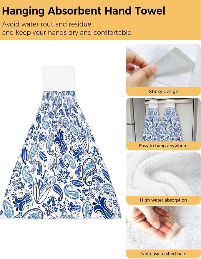 Alandar Home Kitchen Tie Towel Set of 1, Watercolor Paisley Bandanna Absorbent Soft Hand Towels for Bathroom Hanging Towels, Abstract Blue Flowers Fast Drying Cleaning Cloth with Loop