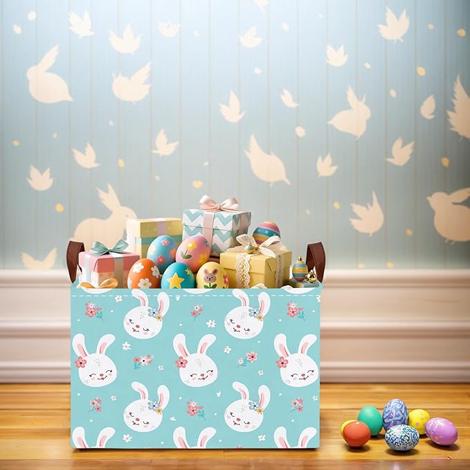 Kid Large Empty Easter Basket Gift Personalized Fabric Bunny Easter Basket for Boy and Girl Room Decor Storage Bin (Happy Rabbit Flower Blue)