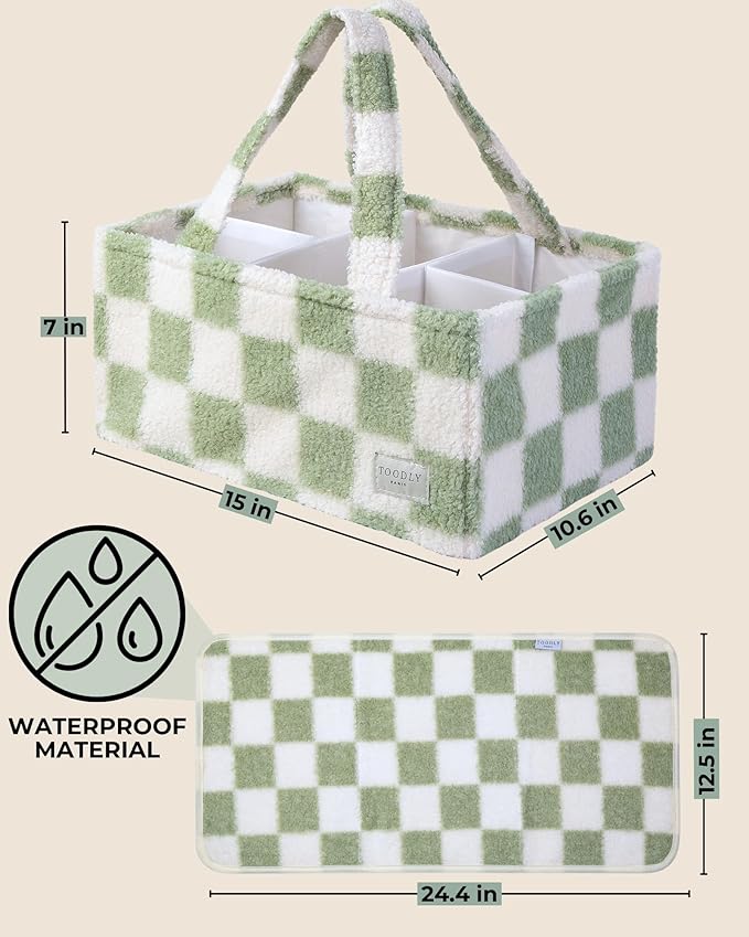 Checkered Diaper Caddy Organizer with Portable Changing Mat - Teddy Fleece Diaper Organizer for Changing Table - Caddy Organizer with Removable Dividers - Green and White