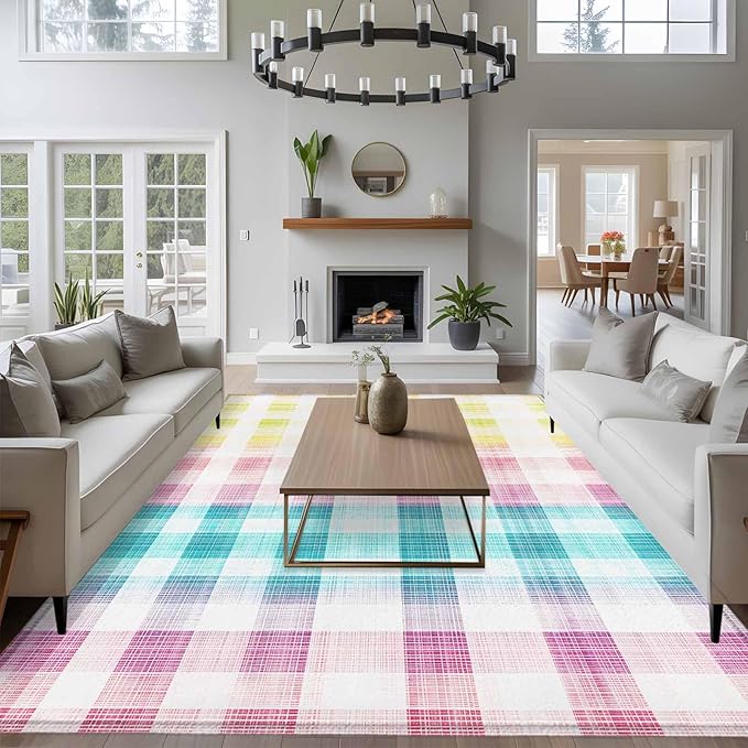 Area Rug 6x9ft, Easter Red Yellow Blue Stripes Washable Rugs for Living Room Bedroom, Abstract Buffalo Plaid Soft Non-Slip Area Rugs Rectangle Floor Carpet for Dining Room