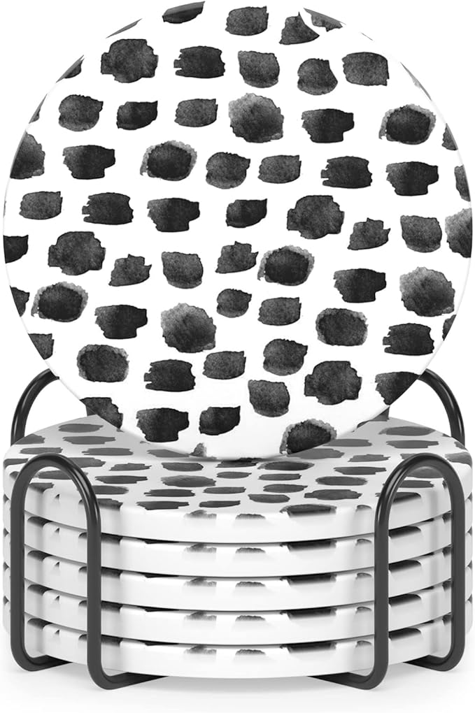 Nipichsha Coasters for Drinks, Set of 6 Cute Absorbent Ceramic Drink Coasters for Cup with Holder and Cork Base, Kitchen Home Decor Housewarming Gift, Round 4 in, Milk White Black Dots