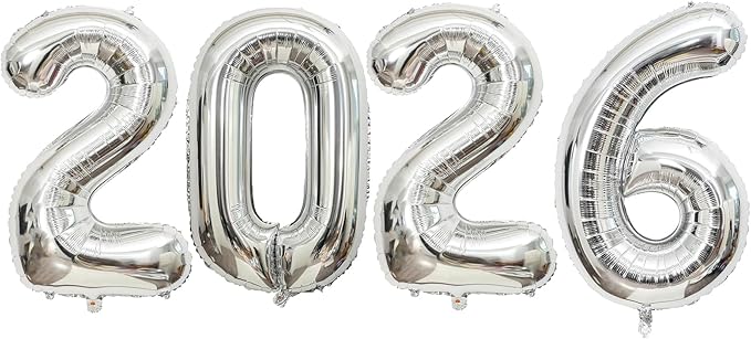 Giant Silver 2026 Balloons, 40" Large Number 2026 Balloons Helium Mylar Foil Balloons for 2026 New Year Graduation Party Decoration