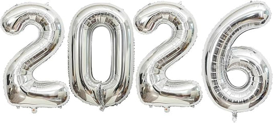 Giant Silver 2026 Balloons, 40" Large Number 2026 Balloons Helium Mylar Foil Balloons for 2026 New Year Graduation Party Decoration