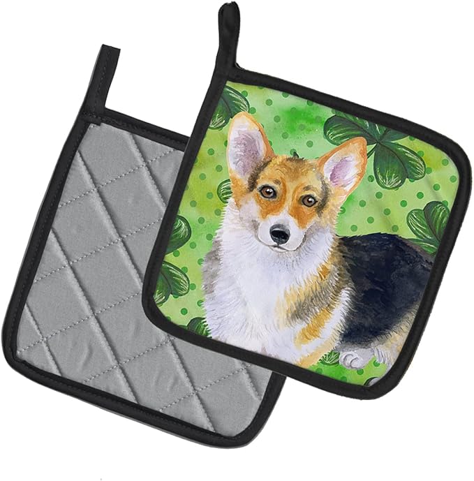 Caroline's Treasures BB9816PTHD Pembroke Corgi St Patrick's Pair of Pot Holders, Green Kitchen Heat Resistant Pot Holders Sets Oven Hot Pads for Cooking Baking BBQ, 7 1/2 x 7 1/2