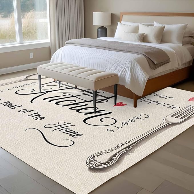 Area Rug 6x9ft, Spoon Fork Vintage Farmhouse Washable Rugs for Living Room Bedroom, Abstract Love Retro Linen Soft Non-Slip Area Rugs Rectangle Floor Carpet for Dining Room