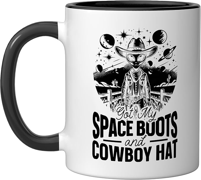 Alien Lover Flying Saucer UFO Extraterrestrial Cowboy Ceramic Mug, Black/White