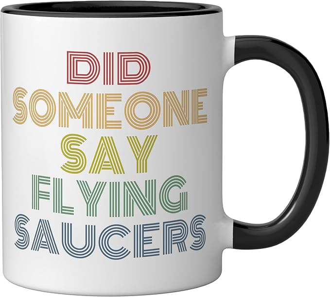 Did Someone Say Flying Saucers Funny UFO Pun Ceramic Mug, Black/White