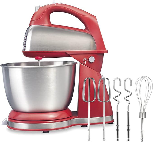 Hamilton Beach Classic Stand and Hand Mixer, 4 Quarts, 6 Speeds with QuickBurst, Bowl Rest, 290 Watts Peak Power, Red (64654)