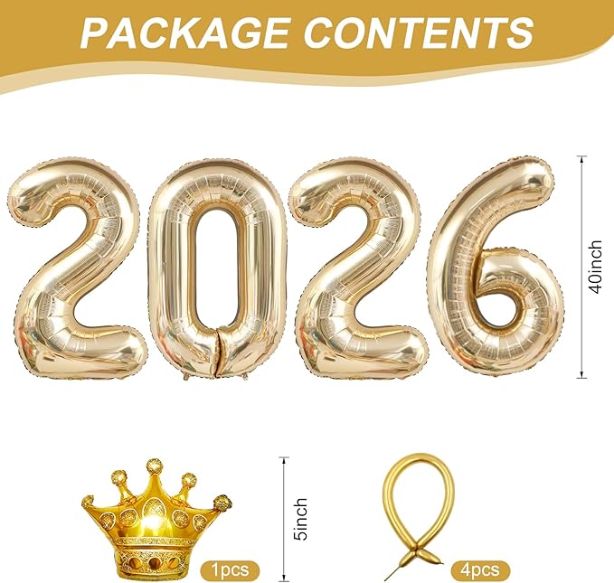 2026 Balloons Champagne Gold,40 Inch 2026 Number Balloons with Foil Crown Balloons for Happy New Year Decorations New Years Eve 2026 Graduation Decorations Class of 2026 Party Supplies