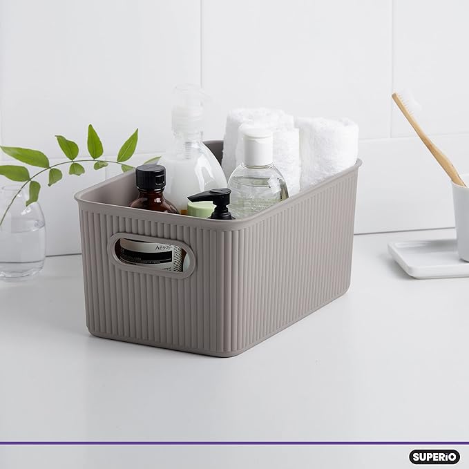 Superio Decorative Plastic Basket Open Home Storage Bins Organizer, Taupe (Set of 3) 1 Medium, 2 Small - Container Boxes for Organizing Closet Storage Bins for Shelves - Ribbed Collection