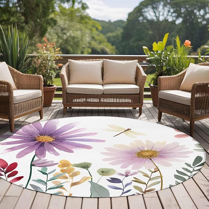 Washable Round Area Rug Country Field Purple Flowers Circle Rugs Floor Carpet for Living Room Bedroom, Farm Floral Art Soft Non Slip Round Rug 5ft