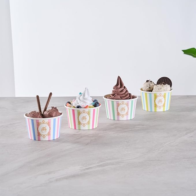 Coppetta 8 Ounce Dessert Cups, 50 Greaseproof Ice Cream Cups - Lids Sold Separately, For Hot And Cold Foods, Green And Pink Stripe Paper Yogurt Bowls, Disposable, Sturdy - Restaurantware