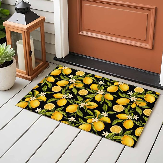 Area Rug 2x3ft, Summer Lemon Flower Washable Rugs for Living Room Bedroom, Plant on Black Soft Non-Slip Area Rugs Rectangle Floor Carpet for Dining Room