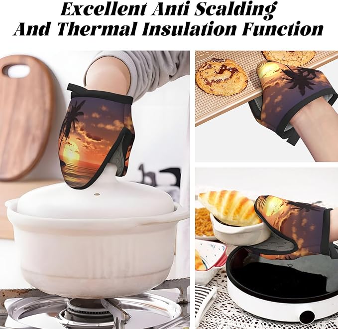 2 Pcs Mini Silicone Oven Mitts Coconut Palm Tree Heat Resistant Grill Gloves with Hanging Loop, Sea Beach Sunset Little Kitchen Mittens for Cooking Baking BBQ