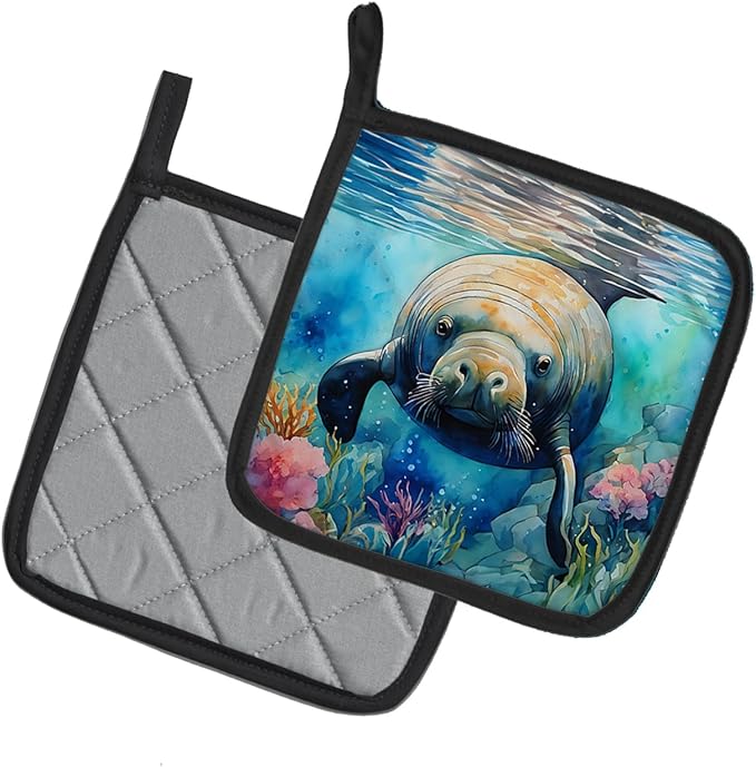 Caroline's Treasures Manatee Pair of Pot Holders Kitchen Heat Resistant Pot Holders Sets Oven Hot Pads for Cooking Baking BBQ, 7 1/2 x 7 1/2