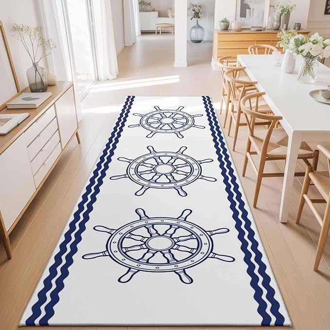Runner Rug for Bedroom Hallway, Summer Marine Nautical Ship Rudder Kitchen Runner Rugs Area Rug 2x6ft, Ocean Theme Navy Blue White Washable Soft Floor Carpet for Entryway Stair