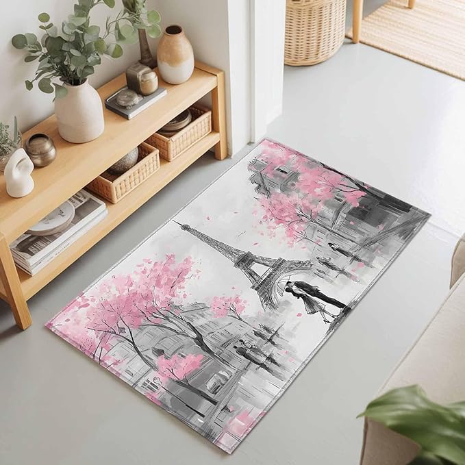 Area Rug 2x3ft, Vintage Towel Couple Pink Flower Washable Rugs for Living Room Bedroom, Watercolor Modern City Scene Soft Non-Slip Area Rugs Rectangle Floor Carpet for Dining Room