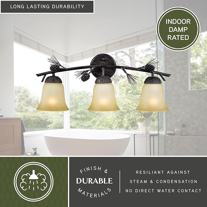 VAXCEL Sierra 3-Light 24 inch Wide Black Walnut Rustic Bathroom Vanity Lighting Fixture, Creme Cognac Glass Shade, Dimmable, LED Compatible, Pine Cone, Reversible Over the Mirror Mounted Wall Sconce