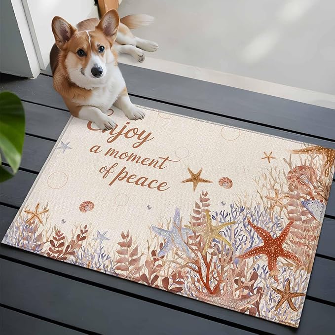 Area Rug 2x3ft, Orange Marine Starfish Coral Seaweed Washable Rugs for Living Room Bedroom, Peace Quote on Linen Soft Non-Slip Area Rugs Rectangle Floor Carpet for Dining Room