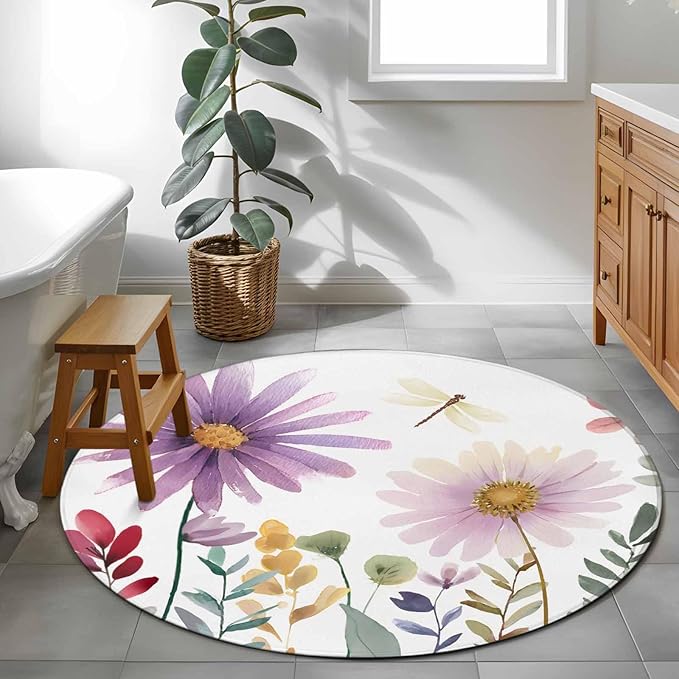 Washable Round Area Rug Country Field Purple Flowers Circle Rugs Floor Carpet for Living Room Bedroom, Farm Floral Art Soft Non Slip Round Rug 3ft