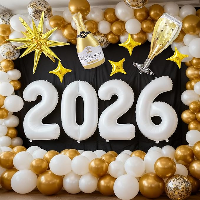 White 2026 Balloons, 40 Inch Number 2026 White Foil Balloons, Gold Star Balloon with Champagne Bottle Glass Balloon for Happy New Years Eve Party Supplies 2026 Class of 2026 Graduation Decorations