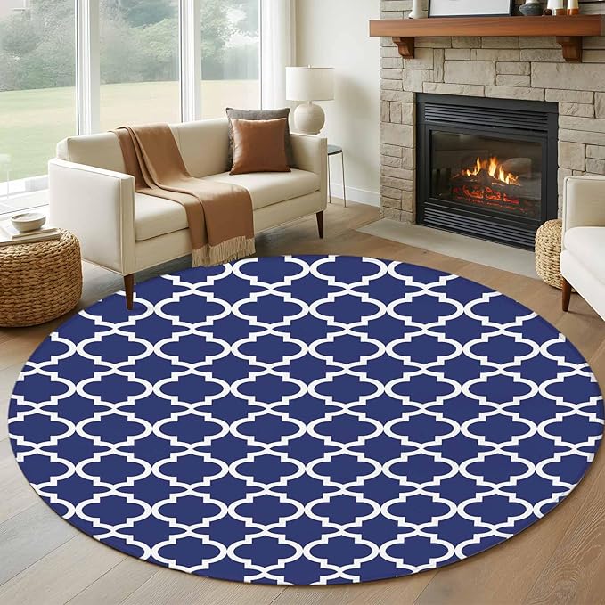 Washable Round Area Rug Navy Blue Moroccan Plaid Circle Rugs Floor Carpet for Living Room Bedroom, White Line Buffalo Lattice Soft Non Slip Round Rug 5ft
