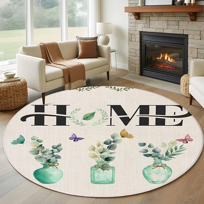 Washable Round Area Rug Rustic Home Text Eucalyptus Leaf Circle Rugs Floor Carpet for Living Room Bedroom, Farmhouse Butterfly Retro Linen Soft Non Slip Round Rug 5ft