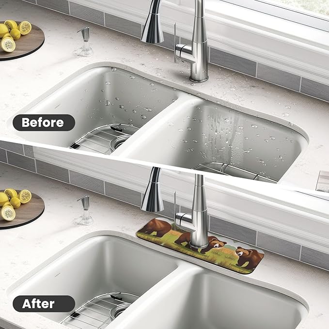 Brown Bear Walking Printed Faucet Absorbent mat, Suitable for bathrooms, Kitchens, and Other Sink Areas.