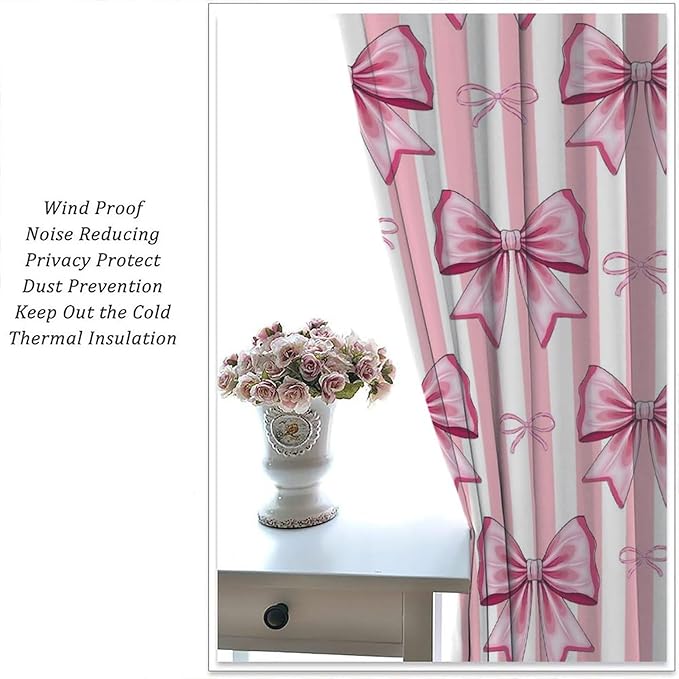 Pink Bowknot Blackout Curtain,Girls Kids Cute Bow Stripe Abstract Window Treatment Curtains Dining Room Living Room Kitchen Cafe Bedroom Office Nursery Drapes,63x63 in