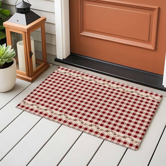 Area Rug 2x3ft, Vintage Red Buffalo Plaid Berry Washable Rugs for Living Room Bedroom, Farmhouse Western Star Soft Non-Slip Area Rugs Rectangle Floor Carpet for Dining Room