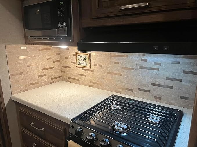 Yipscazo 10 Sheets Peel and Stick Stone Metal Tile Backsplash, Stick on Tiles for Backsplash Kitchen, Bathroom, Laundry Room, Camper, Fireplace (12'' X 12'', Beige Stone with Gold Metal)