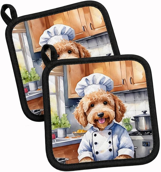 Caroline's Treasures Goldendoodle The Chef Pair of Pot Holders Kitchen Heat Resistant Pot Holders Sets Oven Hot Pads for Cooking Baking BBQ, 7 1/2 x 7 1/2