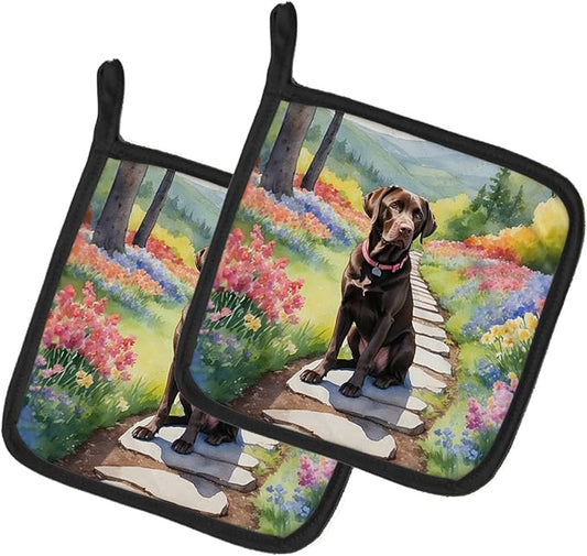 Caroline's Treasures Labrador Retriever Spring Path Pair of Pot Holders Kitchen Heat Resistant Pot Holders Sets Oven Hot Pads for Cooking Baking BBQ, 7 1/2 x 7 1/2