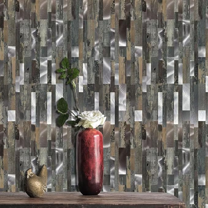 10-Sheet Peel and Stick Backsplash Tile, PVC Mixed Meta,l Stick on Kitchen, Bathroom Vanities, Fireplace Décor, Laundry Table(11.2" X 12.7") (10, Wooden Green+Frosted Silver)