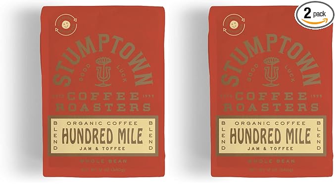 Stumptown Coffee Roasters, Medium Roast Organic Whole Bean Coffee - Hundred Mile 12 Ounce Bag with Flavor Notes of Jam and Toffee (Pack of 2)