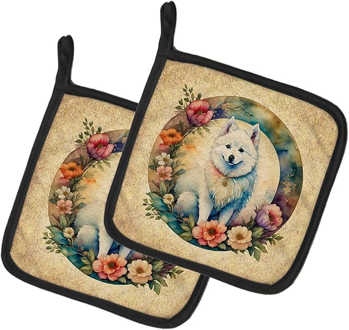 Caroline's Treasures American Eskimo and Flowers Pair of Pot Holders Kitchen Heat Resistant Pot Holders Sets Oven Hot Pads for Cooking Baking BBQ, 7 1/2 x 7 1/2